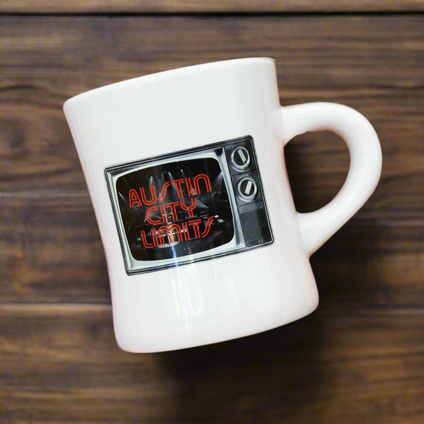 BEIGE 10oz TV DINER MUG WITH ORANGE ACL LOGO AND VINTAGE TV