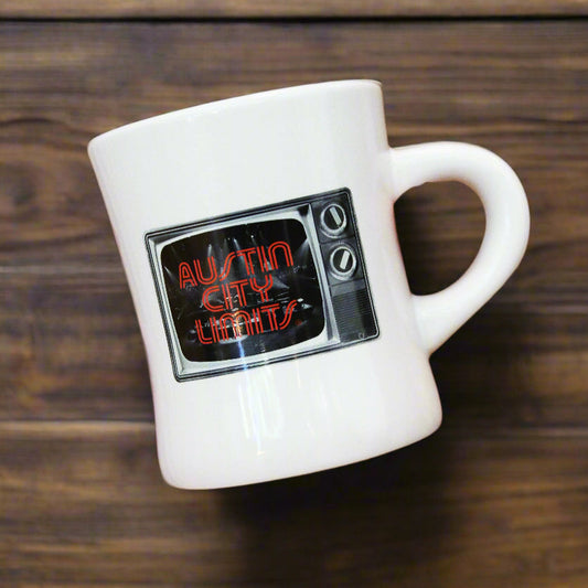 BEIGE 10oz TV DINER MUG WITH ORANGE ACL LOGO AND VINTAGE TV