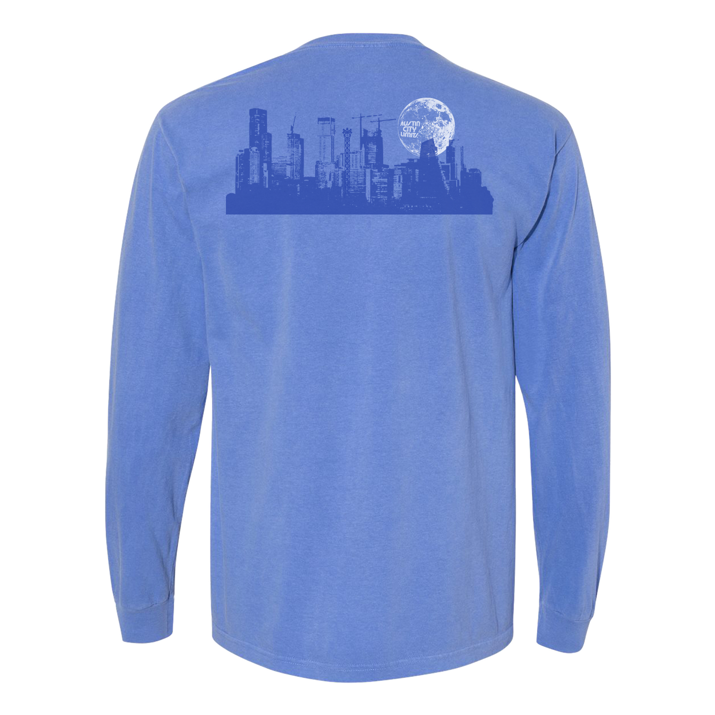 Blue long-sleeve shirt with a cityscape design on the back against a white background