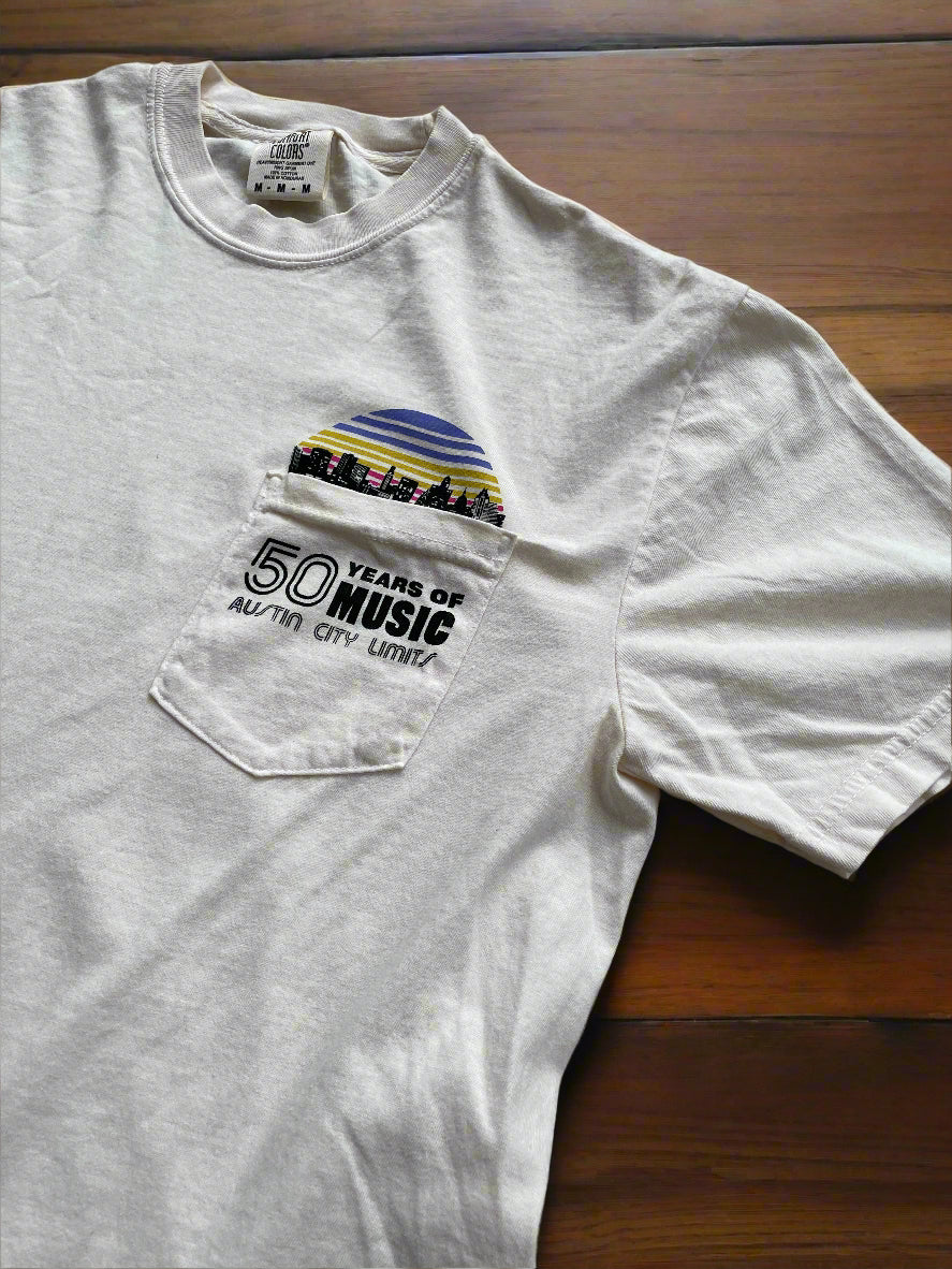 BEIGE UNISEX POCKET T-SHIRT WITH ACL 50 YEARS OF MUSIC LOGO AND SKYLINE