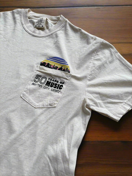 BEIGE UNISEX POCKET T-SHIRT WITH ACL 50 YEARS OF MUSIC LOGO AND SKYLINE