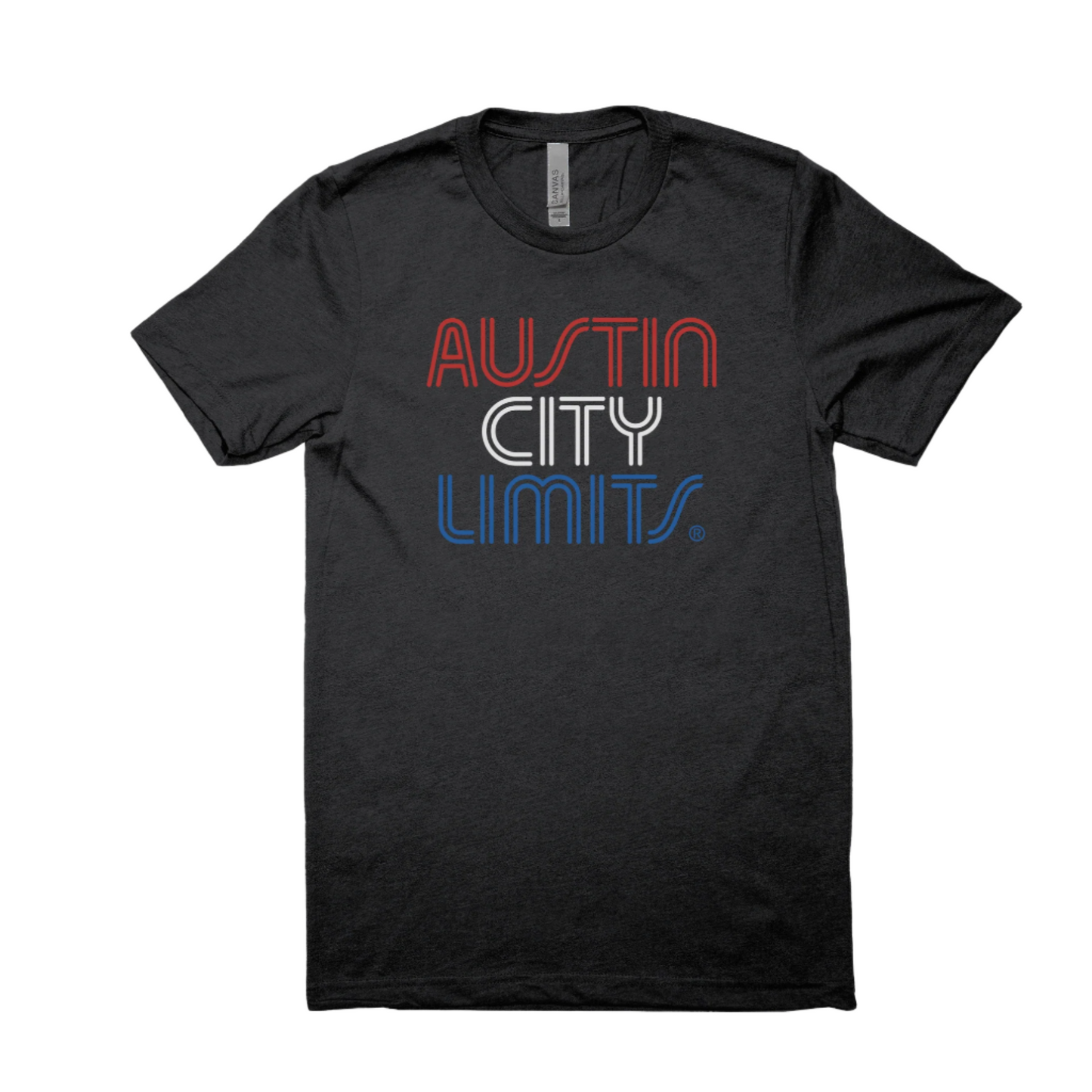 Black t-shirt with 'Austin City Limit' text on a white background