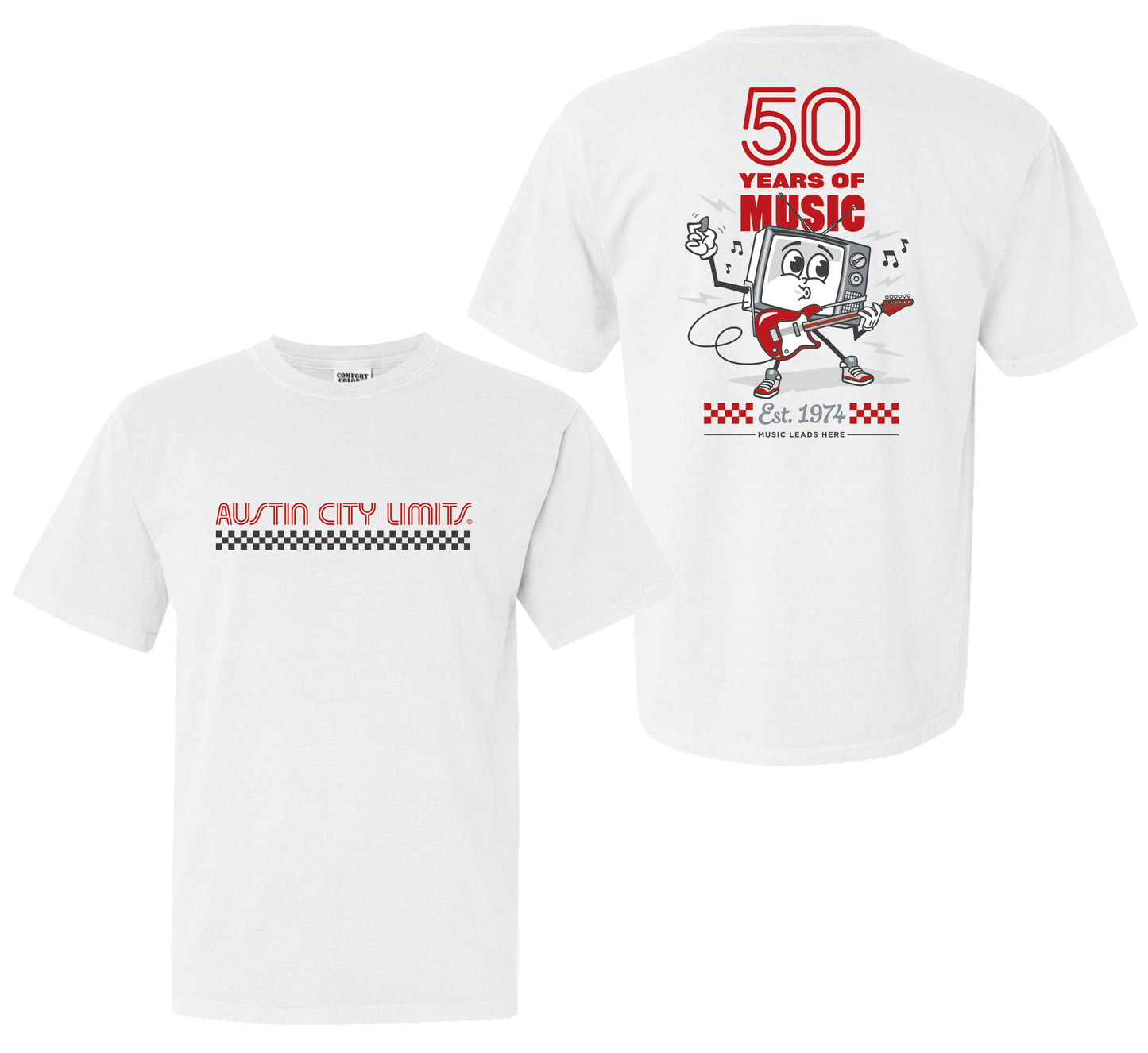 WHITE UNISEX T-SHIRT WITH ACL LOGO + 50 YEARS OF MUSIC LOGO AND RETRO CARTOON