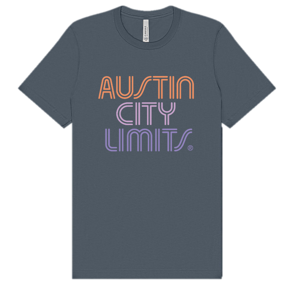 Navy t-shirt with 'Austin City Limits' text in orange and purple