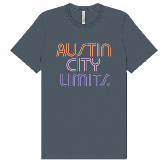 Navy t-shirt with 'Austin City Limits' text in orange and purple