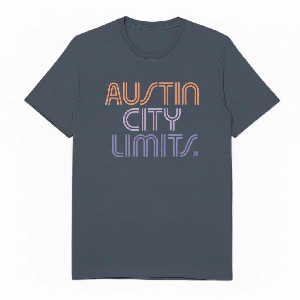 Navy t-shirt with 'Austin City Limits' text in orange and purple