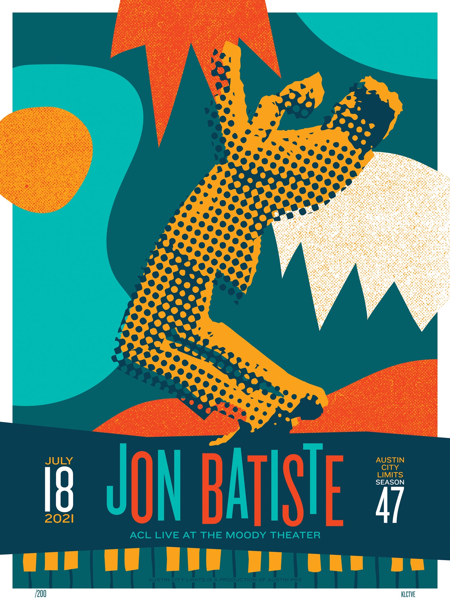 Promotional poster for Jon Batiste concert featuring a stylized foot and abstract shapes.