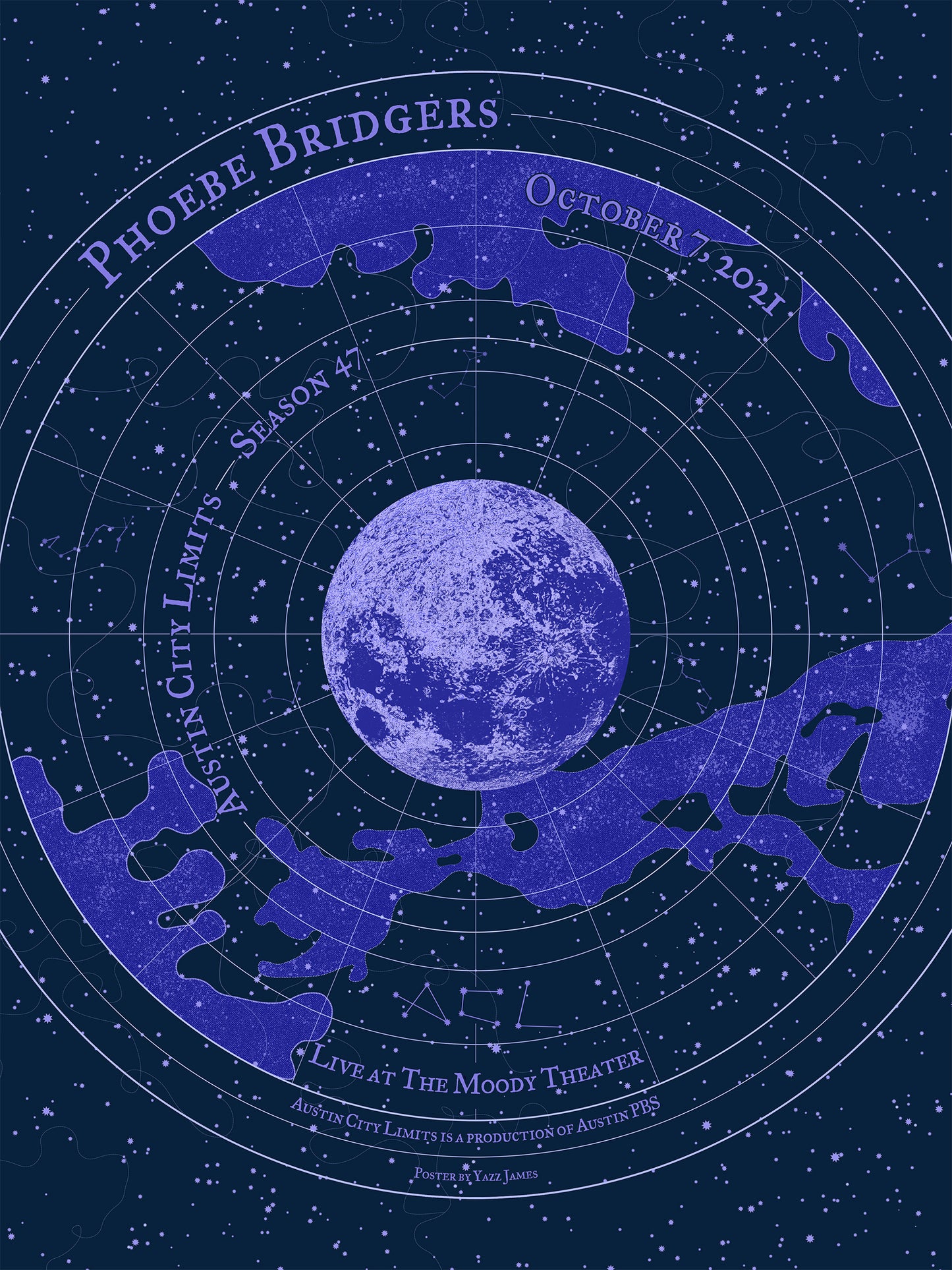 Stylized poster with a moon and silhouettes of people against a starry night sky, featuring 'Phoebe Bridgers' and event details.