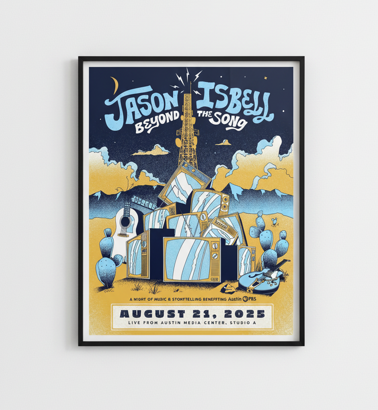 Framed poster for Jason Isbell event with artistic design and text.