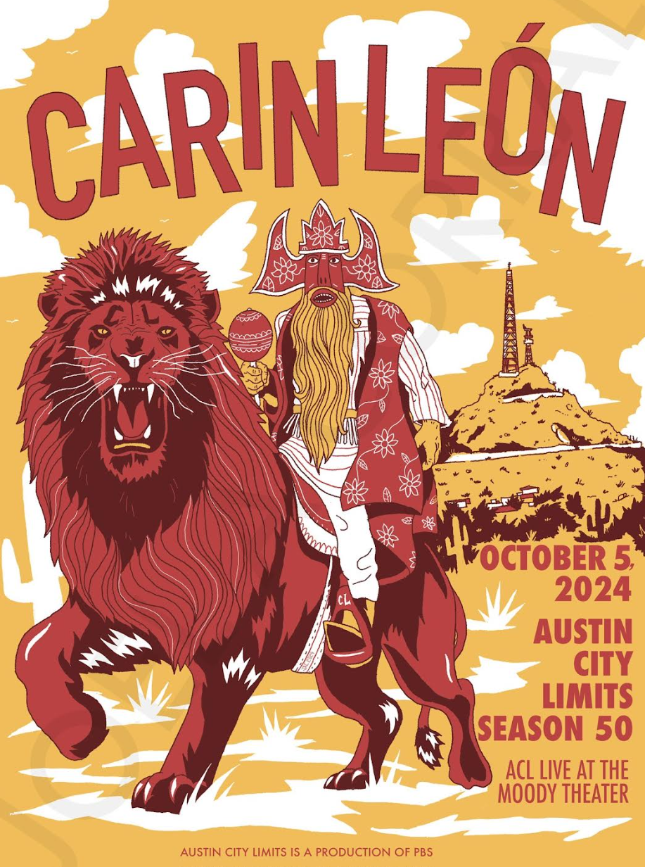 Promotional poster for 'Carin Leon' with a lion and person in traditional attire on a yellow background.