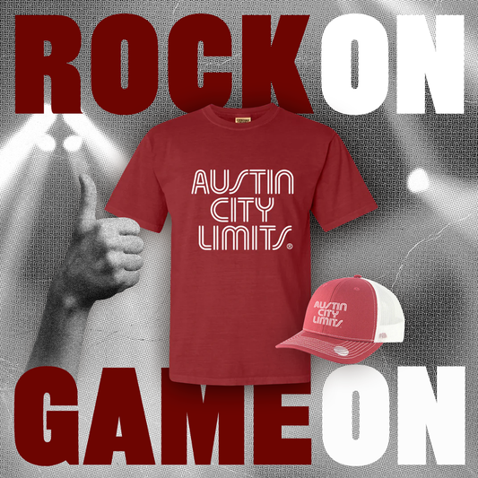 Maroon t-shirt and cap with 'Austin City Limits' logo on a stage background with 'Rock On' and 'Game On' text to celebrate college gameday in Texas!
