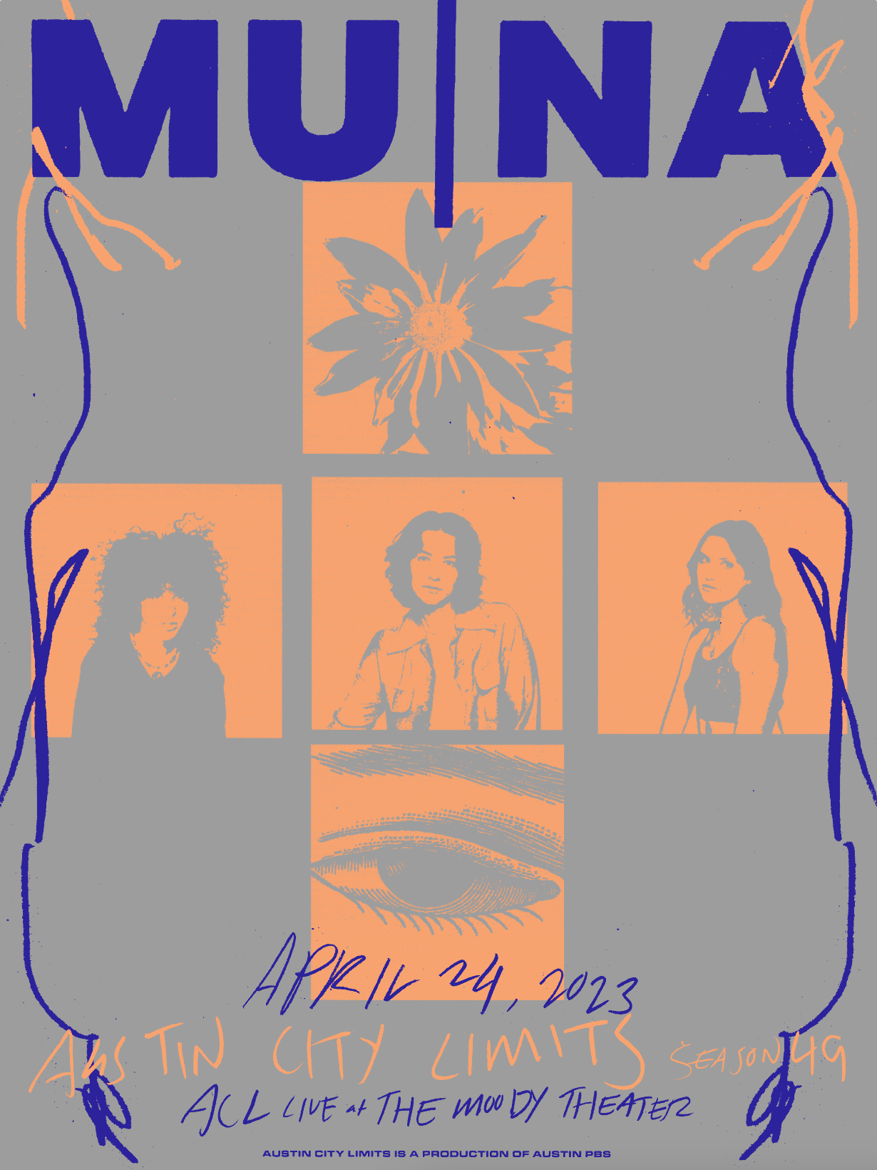 ACL promotional poster for MUNA event with silhouettes and text on a gray background