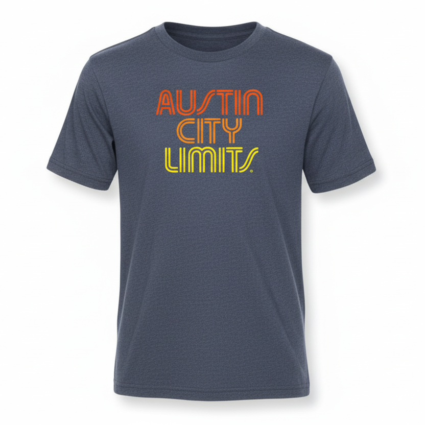 Blue t-shirt with 'Austin City Limits' text in Orange and Yellow