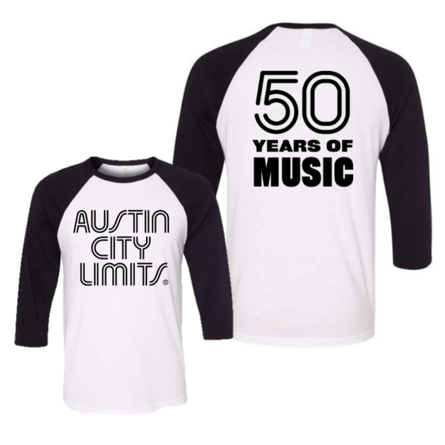WHITE UNISEX BASEBALL T-SHIRT WITH BLACK ACL 50 YEARS OF MUSIC LOGO