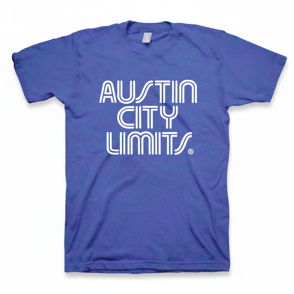 Blue t-shirt with 'Austin City Limits' text on a white background