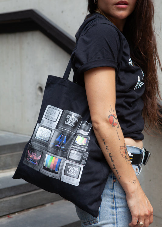 official acl merchandise black tote with retro stacked vintage tv's