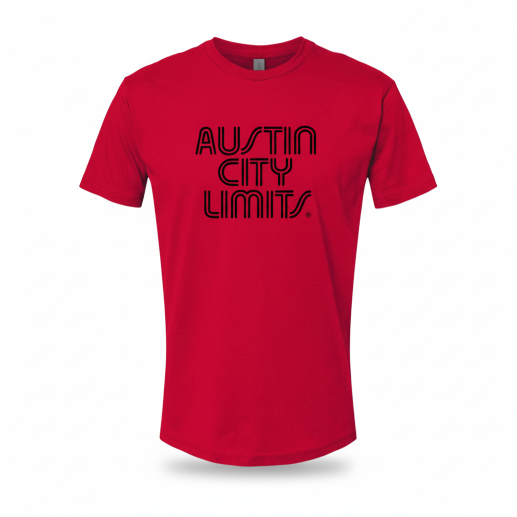 This image displays a vibrant red unisex T-shirt featuring the bold black text "Austin City Limits" across the chest in a striking font. The T-shirt is designed with a classic crew neck and short sleeves, showcasing a sleek and casual look.
