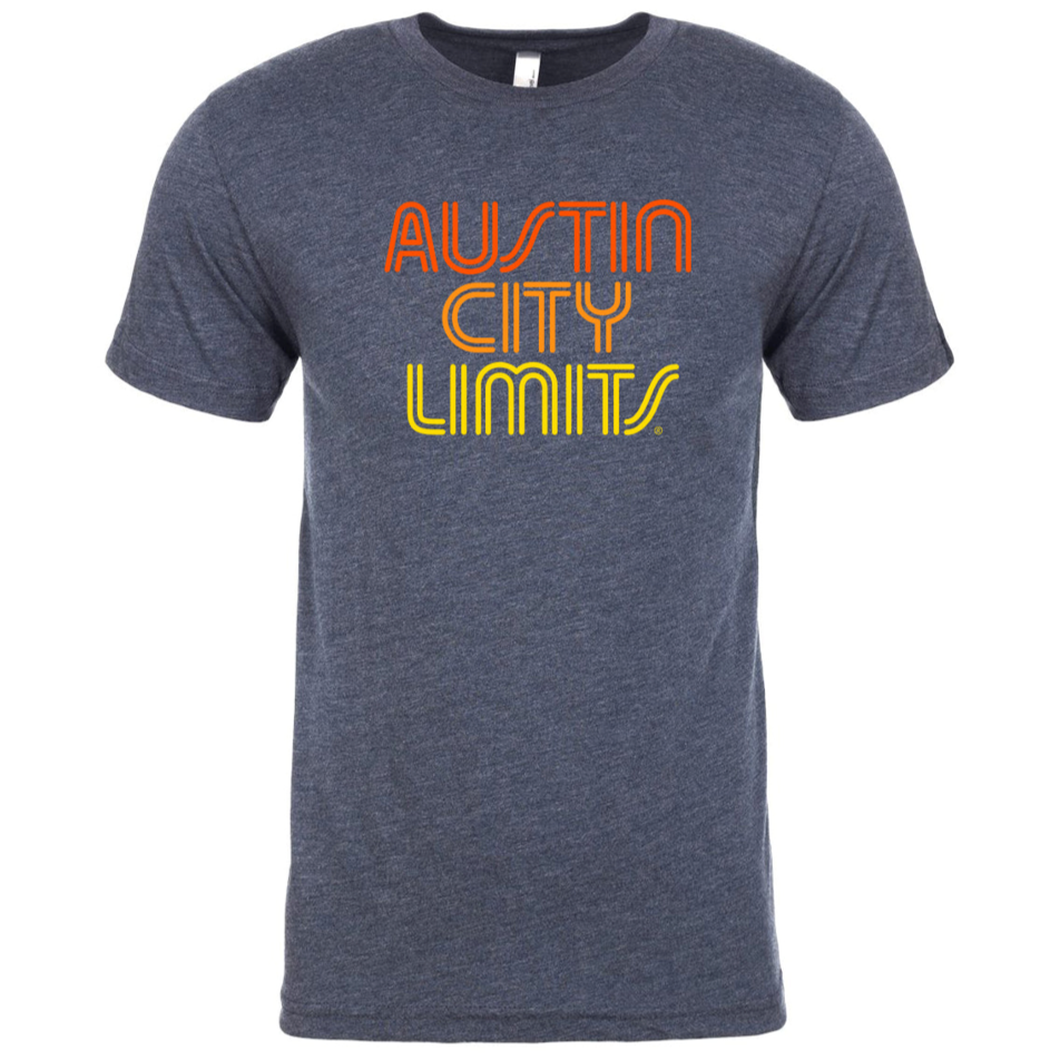 A vintage navy unisex T-shirt with the Austin City Limits logo in red, orange, and yellow text on the front.