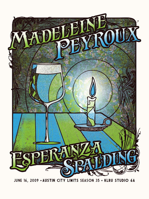 A screen print featuring Madeline Peyroux with a glass of wine and a candle, indicative of the artist's interpretation of the theme 'Esperanza Spalding - Season 35'.
