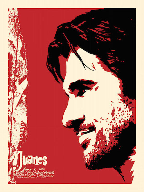 A screen print poster featuring a red and white profile portrait of a man, identified as Juanes, with signature and numbered edition details.