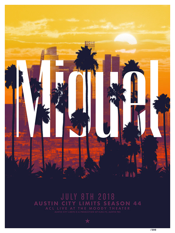 Miguel Poster for Austin City Limits showing sunset with city and palm trees in the background