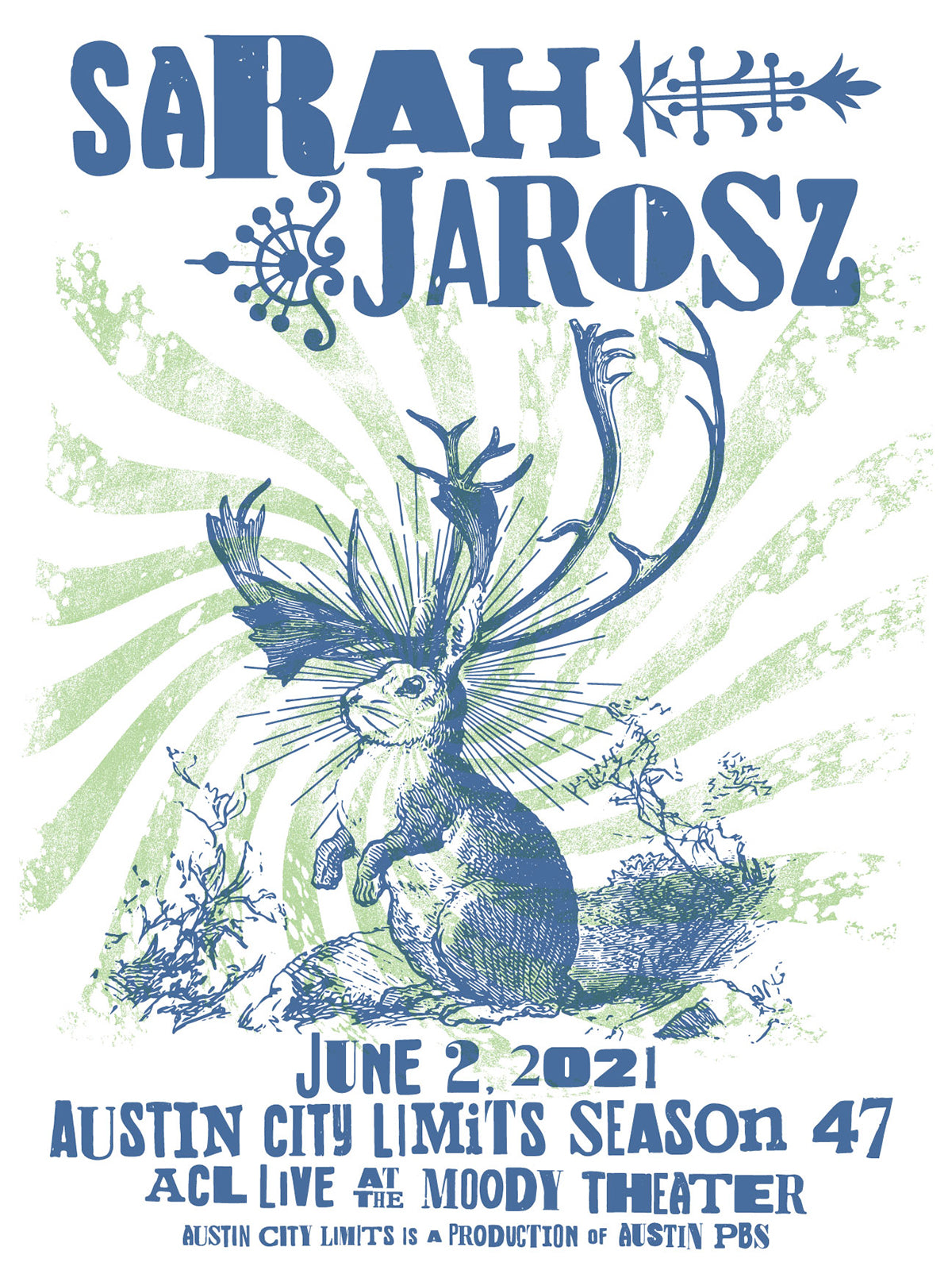 Concert poster featuring an illustration of a rabbit with antlers, surrounded by floral elements, with text including the artist name 'Sarah Jarosz' and event details.