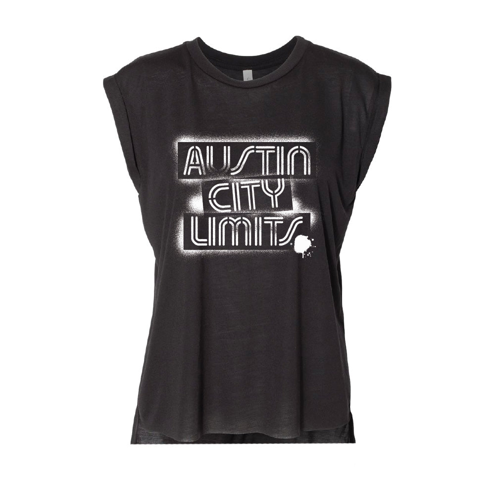 BLACK WOMEN'S ROLLED CUFF MUSCLE T-SHIRT WITH WHITE STENCIL ACL LOGO