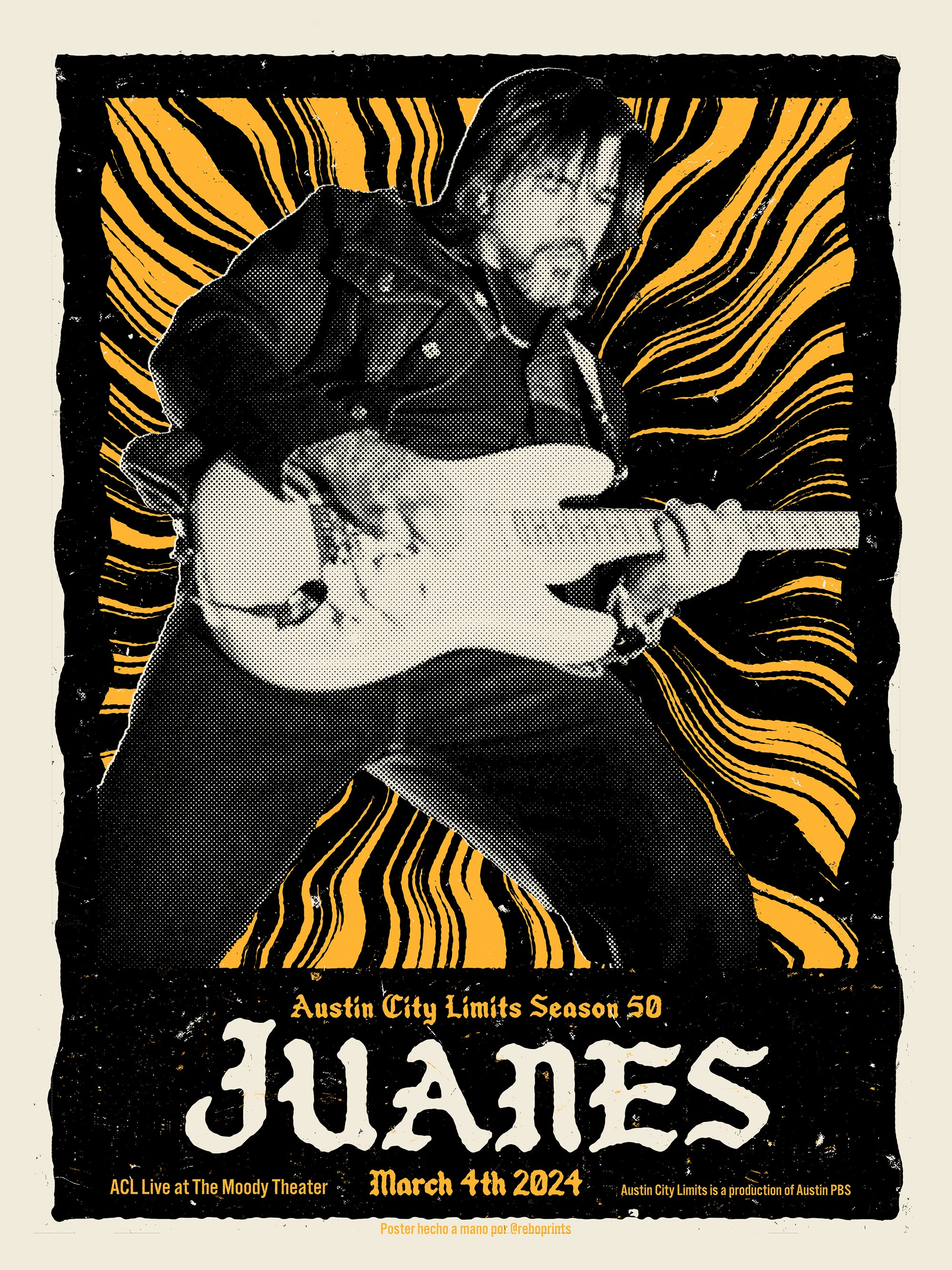 A screen printed poster featuring a black and white photo of Juanes playing a guitar, with yellow and black design elements and text including 'Austin City Limits', 'Season 50', and 'JUANES'.