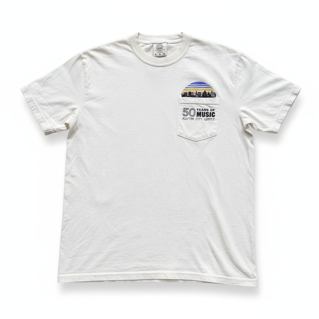 A beige unisex pocket t-shirt with the Austin City Limits 50 years of music logo and skyline printed on the front.
