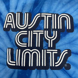 austin city limits close-up of graphic on tie dye tee 