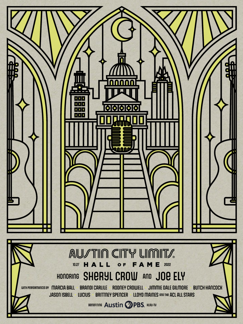 Decorative poster for Austin City Limits Hall of Fame with architectural elements and text.