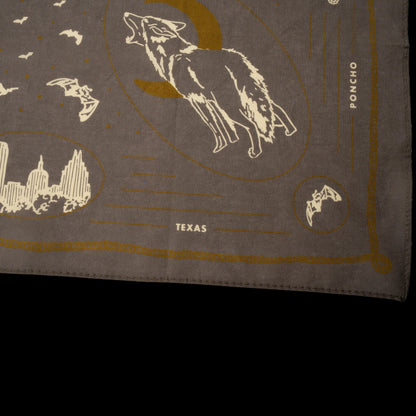 Grey Bandana with wolf and cityscape design, featuring the word 'Texas' and 'Poncho'