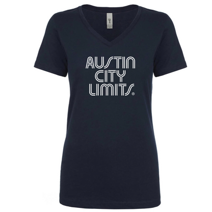 Women's navy blue v-neck t-shirt with 'Austin City Limits' white text logo on the front.