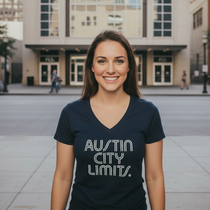 Navy blue t-shirt with 'Austin City Limits' text on a white background
