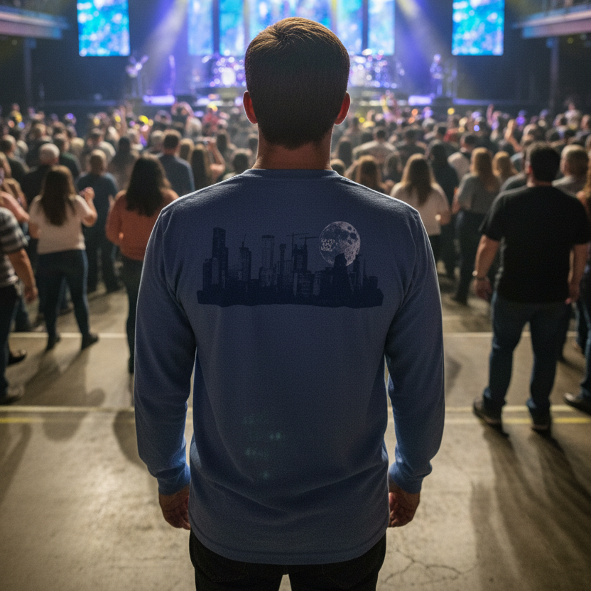 Blue long-sleeve shirt with a cityscape design on the back against a white background