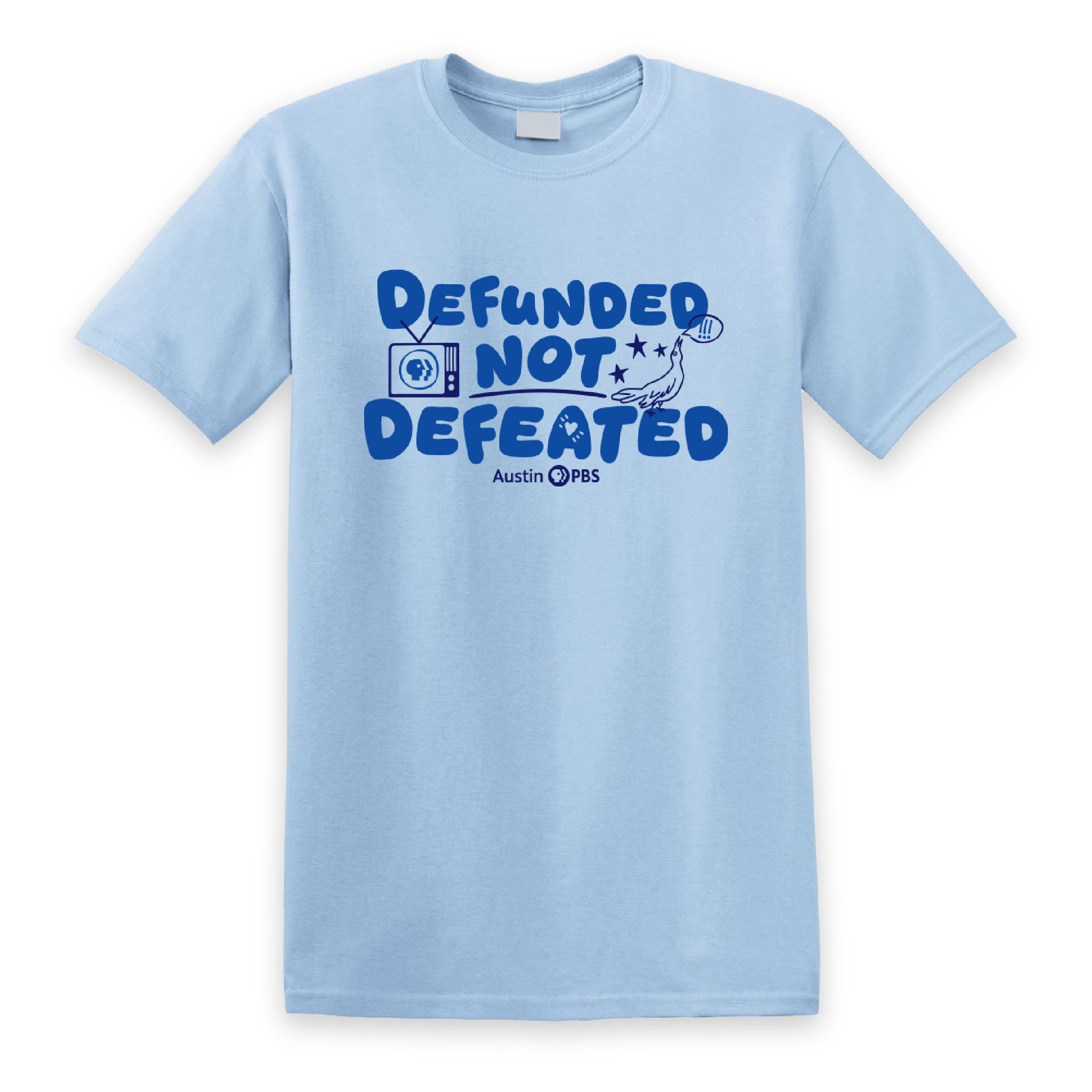 Show your support for Austin PBS by wearing our "Defunded Not Defeated" T-shirt. The light blue, cotton material and classic fit make it wearable all year long, even in the Texas heat. Like public media, it is resilient even in harsh conditions.