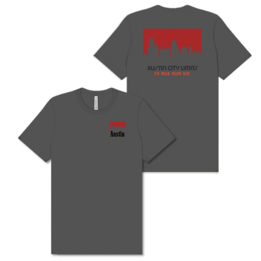 Gray t-shirt with red and black Austin Skyline on a white background. Cowboy style graphic