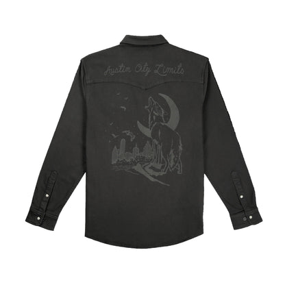 Black shirt with wolf and moon design and 'Austin City Limits' text on a white background