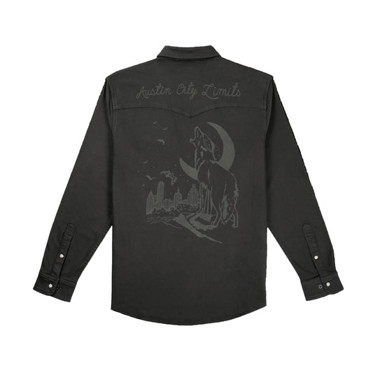 Black shirt with wolf and moon design and 'Austin City Limits' text on a white background