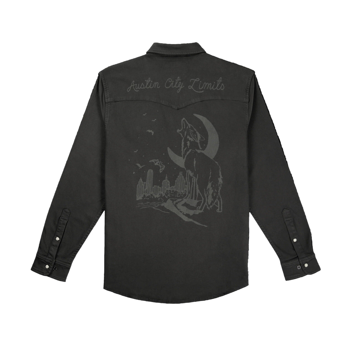 Black shirt with wolf and moon design and 'Austin City Limits' and 'Poncho Outdoors' text on a white background
