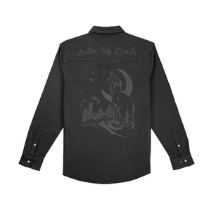 Black shirt with wolf and moon design and 'Austin City Limits' and 'Poncho Outdoors' text on a white background