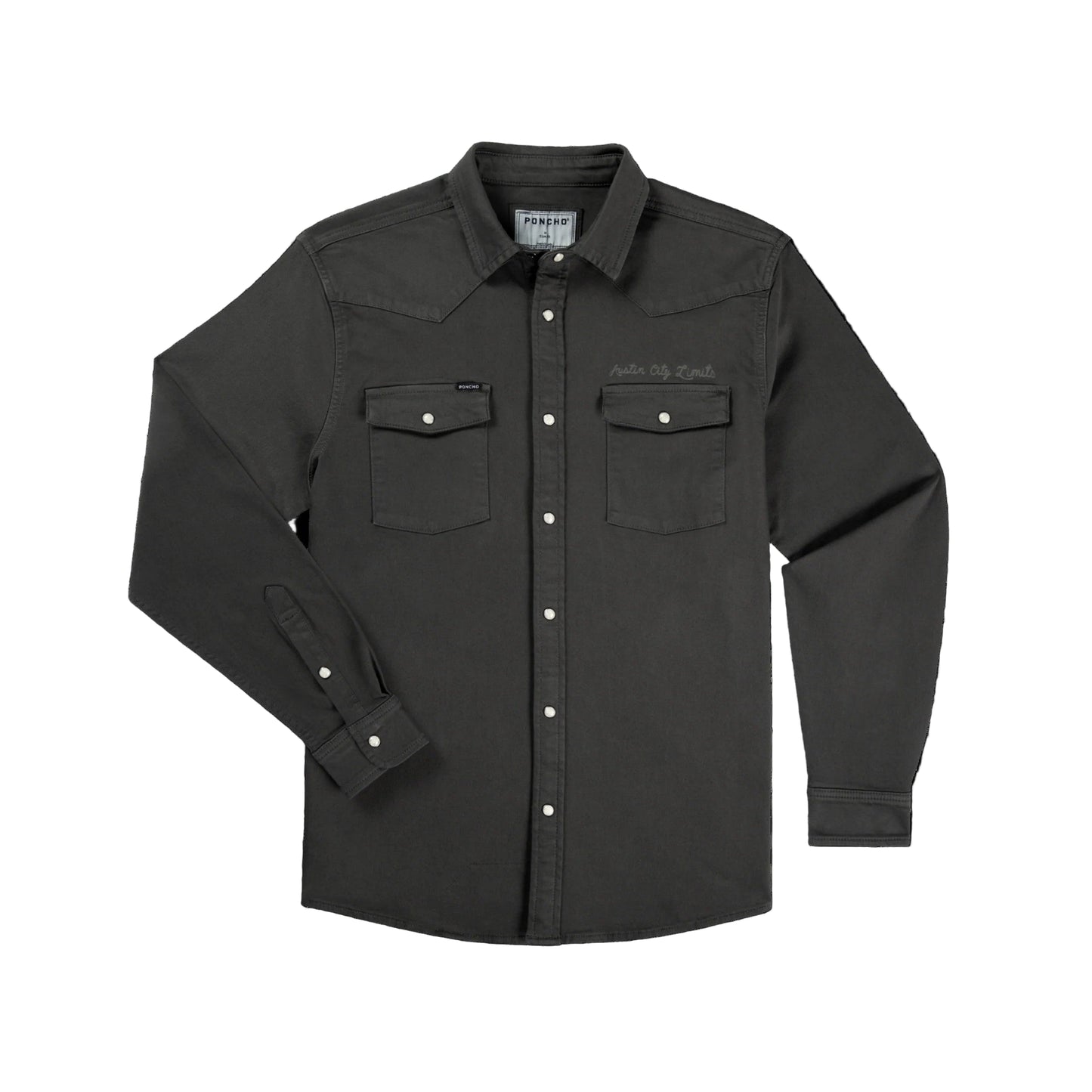 Dark gray work shirt with button details on a black background