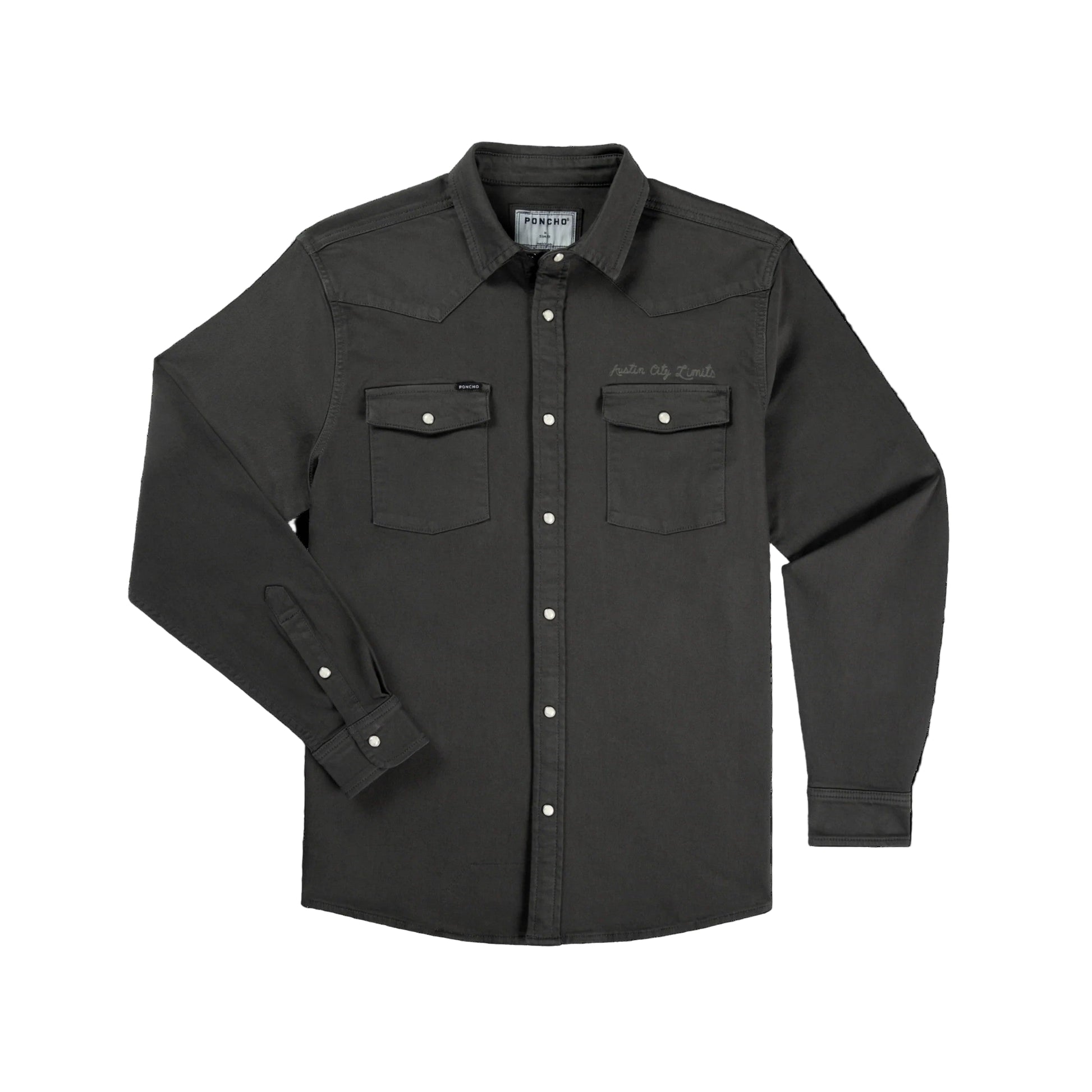Dark gray work shirt with button details on a black background