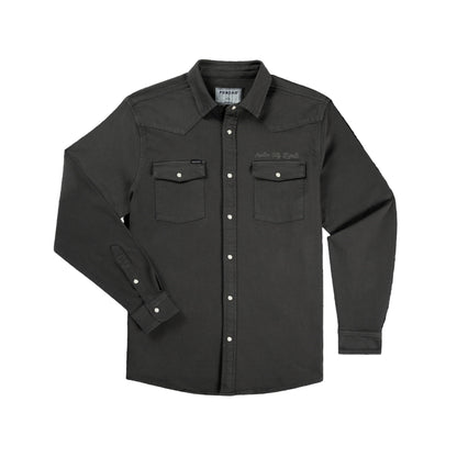 Dark gray work shirt with button details on a black background