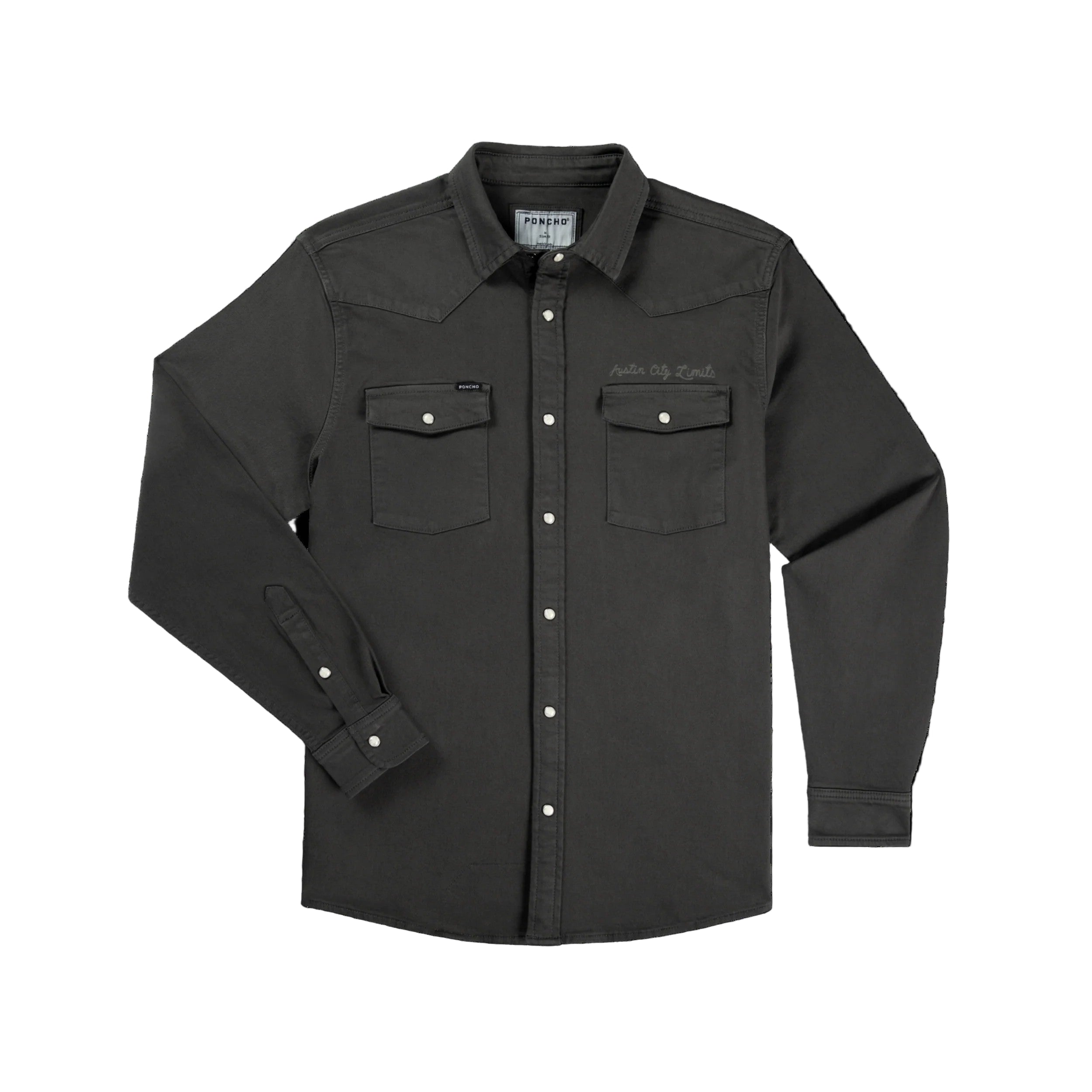 Dark gray work shirt with button details on a black background