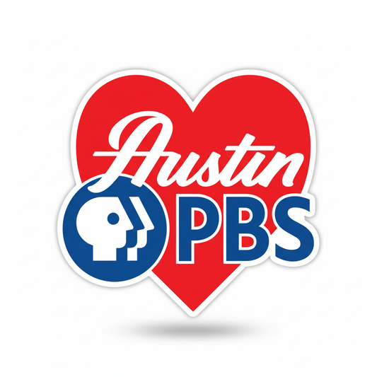 A sticker with a red heart background featuring the text 'Austin PBS' and a diecut shape of a elephant within the heart.