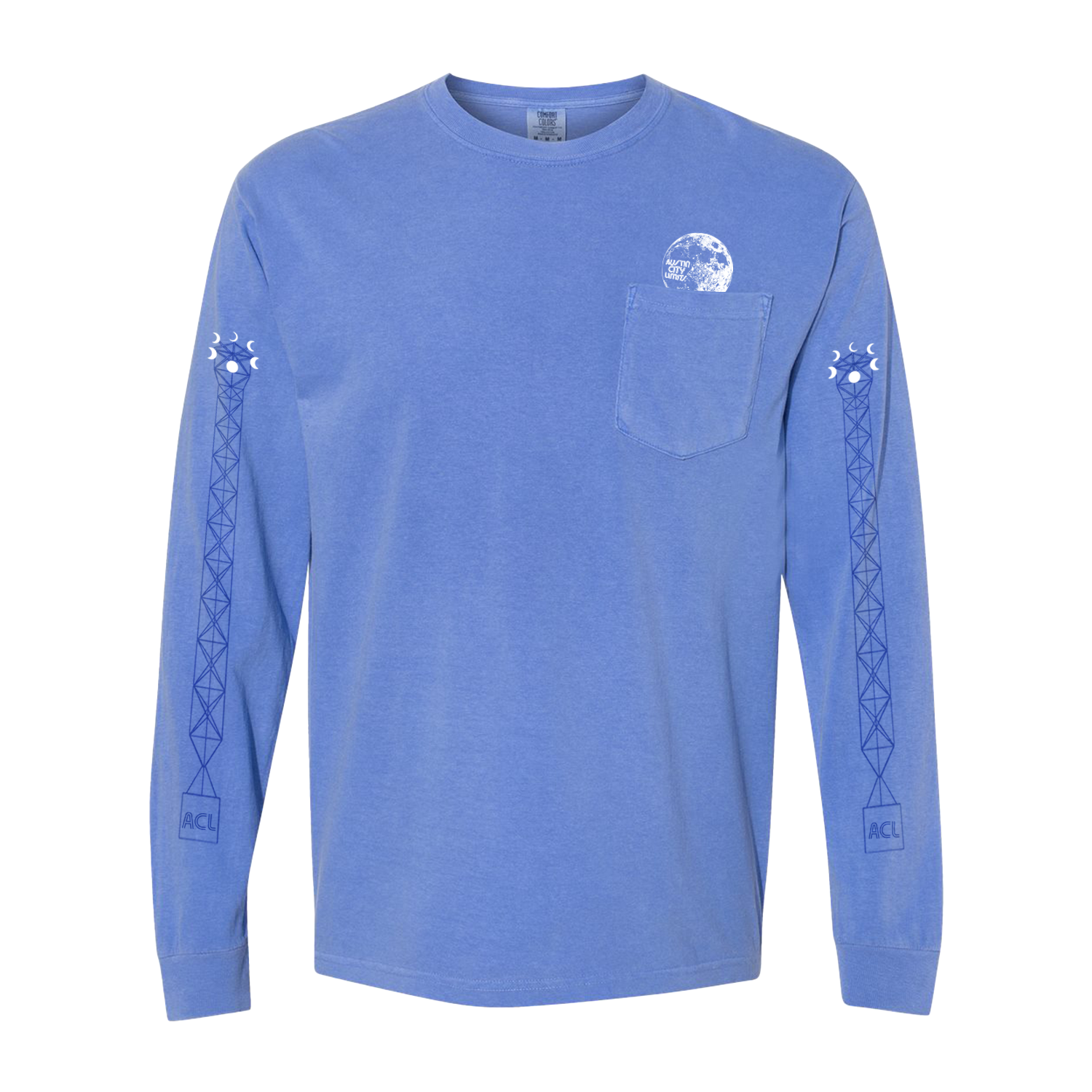 Blue long-sleeve shirt with a pocket and austin moontower designs on sleeves against a white background