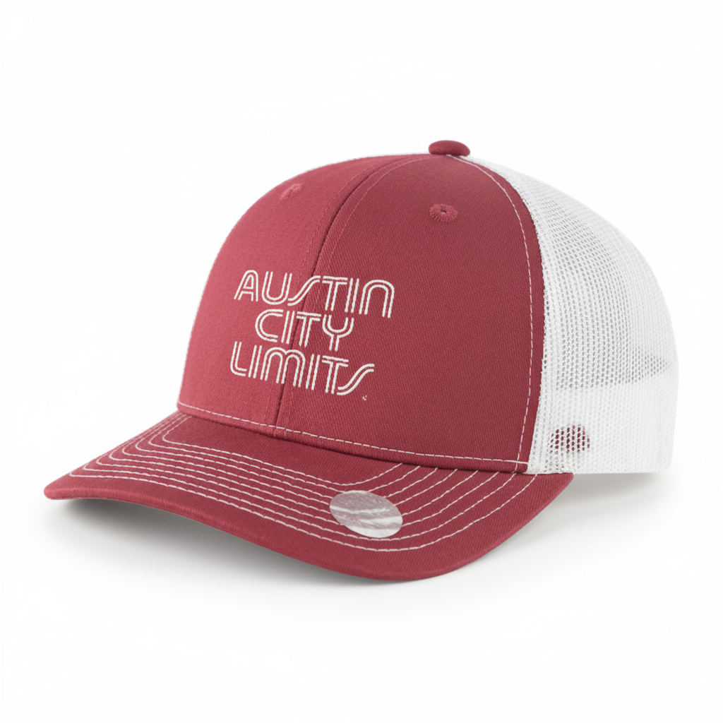 A burgundy and white trucker hat with 'AUSTIN CITY LIMITS' logo embroidered in white on the front.
