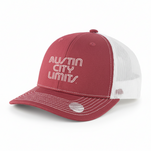 A burgundy and white trucker hat with 'AUSTIN CITY LIMITS' logo embroidered in white on the front.