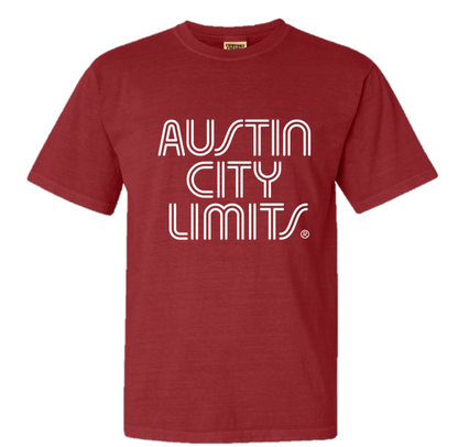 A maron crew neck T-shirt with the white text 'AUSTIN CITY LIMITS' printed across the chest.
